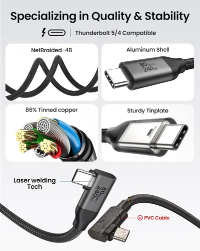 Vista 5 de Silkland Cable USB 4 de ángulo recto de 80Gbps para Thunderbolt 5, 1FT, ancho de banda de 120Gbps para 16K/Doble 8K, 240W, cable de video USB C
