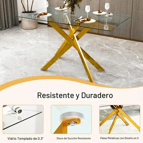 Vista 4 de Juego de mesa de comedor de cristal para cocina de 4, 5 piezas, mesa de comedor rectangular de 51 pulgadas con 4 sillas de cocina de terciopelo