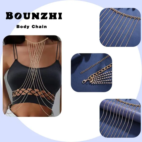 Vista 2 de Bounzhi Arnés de cadena corporal con diamantes de imitación, cruzado, sexy, joyería para el cuerpo, collar de cadena de bikini para mujeres y niñas