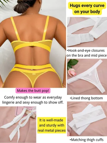 Vista 66 de Kaei&Shi - Lencería con liguero para mujer, conjunto de encaje traslúcido y sexy de 4 piezas combinadas