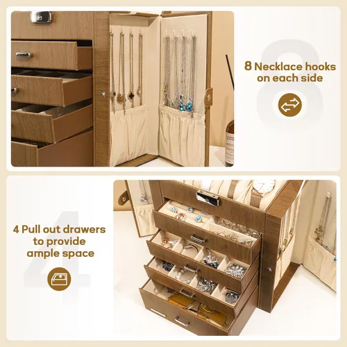 Vista 5 de Homde Caja de joyería enorme de cuero sintético, organizador de reloj con espejo, collar, anillo y aretes, caja de regalo con cerradura (marrón)