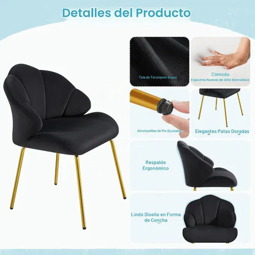 Vista 5 de Yaheetech Silla de tocador, silla decorativa de terciopelo con respaldo en forma de concha, sillón moderno con patas de metal dorado para Negro