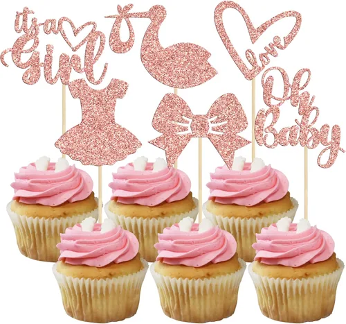 Vista 19 de Gyufise Paquete de 36 adornos para cupcakes Oh Baby ensamblados con texto en inglés "It's a Boy" con corbata, mameluco de amor, corazón, purpurina