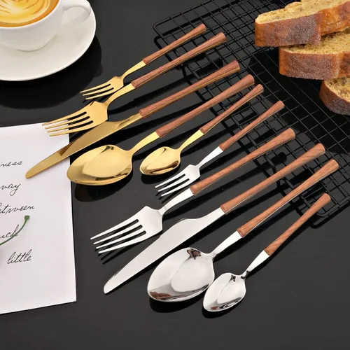 Vista 2 de JASHII Juego de cubiertos con mango de madera, juego de cubiertos de acero inoxidable de 20 piezas, pulido con espejo, juego de cucharas y tenedores