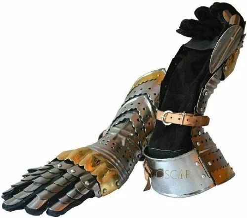 Vista 5 de Guanteletes Artiulados Medievales con Acentos de Latón Guanteletes funcionales de acero templario medieval para combate, recreación