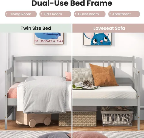 Vista 4 de HOMGX - Marco de sofá cama individual, sofá cama con soporte de listones de madera y rieles, no necesita somier, plataforma de cama de día de doble