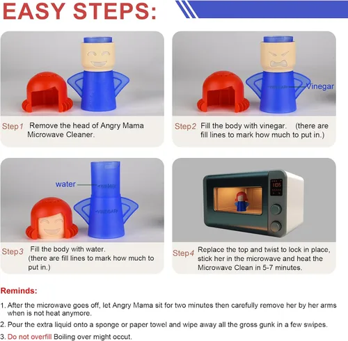 Vista 5 de Asltw Angry Mama Limpiador de horno microondas, dispositivo de cocina de vapor de acción rápida, solo tienes que añadir vinagre y agua (azul)