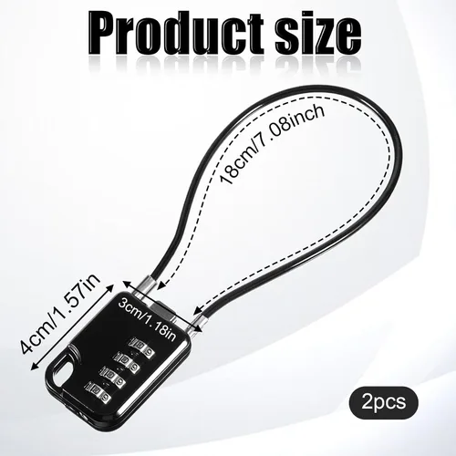 Vista 2 de 2 candados de combinación de 4 dígitos de diseño compacto reiniciables con cable de 7 pulgadas de largo, cables de acero inoxidable duraderos