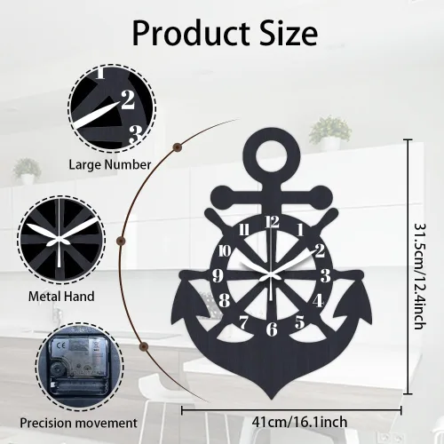 Vista 2 de CHGCRAFT Anchor Timón - Reloj de pared con patrón de timón de 16.3 pulgadas, de grano de madera azul oscuro, sin tictac, de forma irregular, reloj