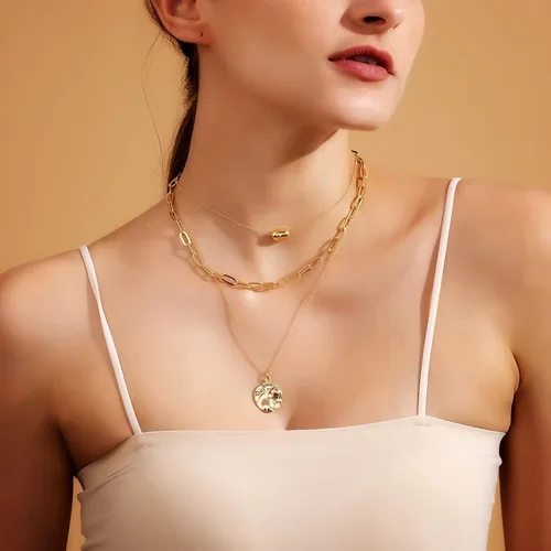 Vista 2 de Jewlure Collar chapado en oro de 18 quilates, collar con colgante en capas de moda, regalo para mujeres y niñas, chapado en oro, No es una piedra