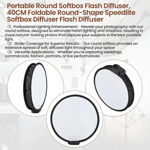 Vista 7 de DAUERHAFT Difusor de flash de softbox redondo portátil, difusor de softbox de forma redonda plegable de 15.7 in, difusor de flash para luz rápida