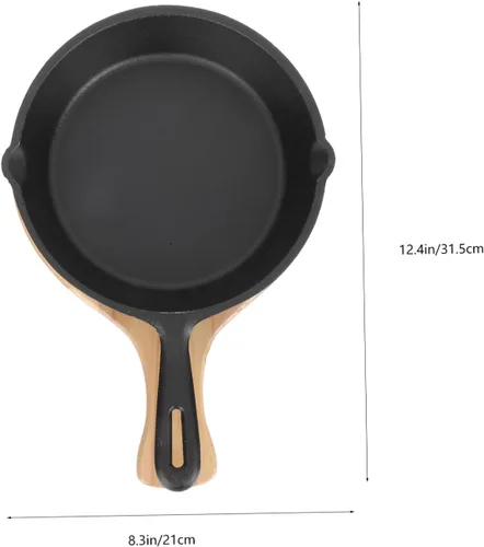 Vista 2 de Sartén antiadherente de hierro fundido grueso con mango y tabla de madera, sartén para cocinar carne y huevos para el hogar, cocina, conducción