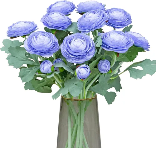 Vista 11 de Flores artificiales de ranúnculo con tallo de tacto real, flores de ranúnculo de seda (azul, 6 unidades)