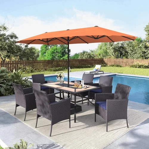 Vista 16 de MFSTUDIO Juego de comedor al aire libre para 4, juegos de comedor de 5 piezas, mesa de patio y sillas para 4 con paraguas, juego de muebles de Beige