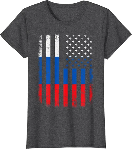 Vista 29 de Russian American Flag Russia America Pride Heritage T-Shirt Asphalt Grey