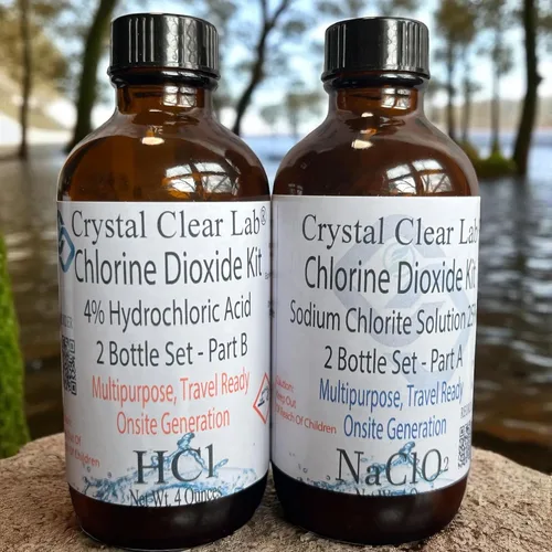 Vista 2 de Crystal Clear Lab Kit de dióxido de cloro Ácido clorhídrico 4-5% (HCl): solución de sodio (8 onzas) conjunto de líquidos
