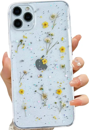 Vista 33 de LSEEKA Funda transparente para iPhone 11 con diseño de flores prensadas reales, linda y brillante, patrón floral rosa, funda protectora delgada