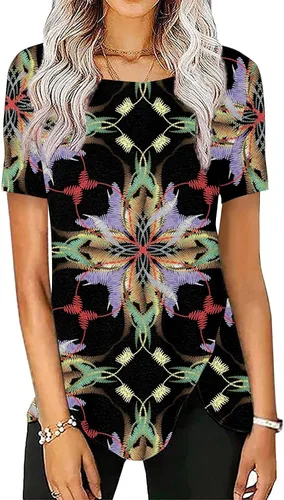 Vista 2 de Run Short Sleeve Holiday Funny Tunics Ladies Asymmetrical Ruched Print Comfy Fit V Neck Thin Blouse
