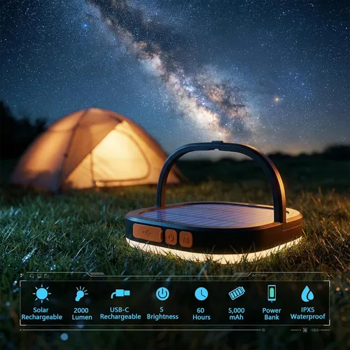 Vista 2 de Linterna LED para campamento, linternas solares, luz recargable de 5000mAh 2000 lúmenes 5 modos de luz, impermeable IP65 con carga USB – Linternas