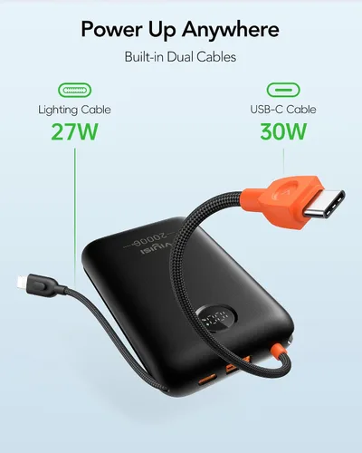 Vista 2 de VIYISI Cargador portátil de 20000mAh 30W de carga rápida, banco de energía con cables incorporados y pantalla LED, paquete de batería USB C