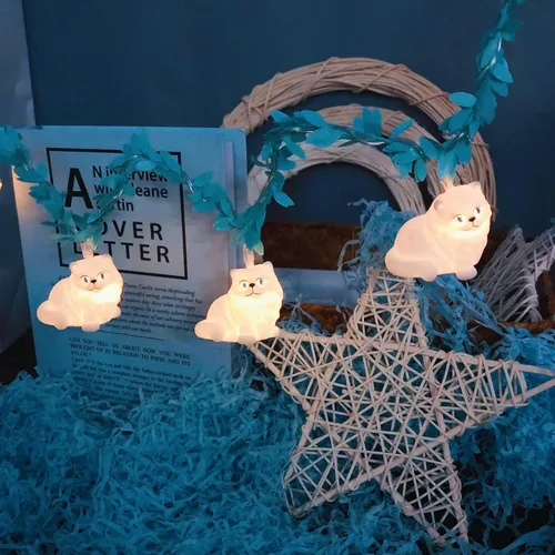 Vista 3 de Guirnalda de luces blancas de gato persa alimentadas por USB, lindo adorno de animales, luces LED de hadas para fiesta de Halloween, dormitorio Gato