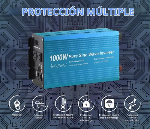 Vista 5 de Inversor de Potencia de Onda Senoidal Pura 1000W DC12V a AC 110V con enchufes duales y USB, kit con LCD y control remoto. (1000W)