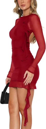 Vista 3 de HYPERFIRE Minivestido ajustado de malla con volantes y manga larga con cuello redondo y espalda abierta para mujer