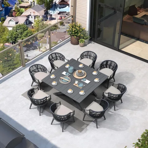 Vista 10 de PURPLE LEAF Juego de comedor de patio para 6 respaldos ergonómicos y cojín Champán