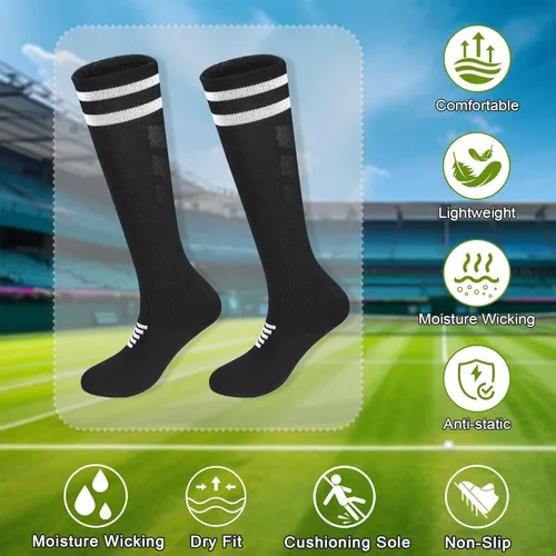 Vista 6 de 6 pares de calcetines elásticos de fútbol para niños, calcetines de tubo alto hasta la rodilla, coloridos calcetines de fútbol atlético para niños