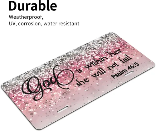 Vista 3 de Placa de matrícula delantera personalizada de aluminio con versículo bíblico Salmo 46:5 "Dios está en ella, no fallará" con destellos rosa