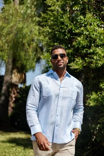 Vista 3 de Mojito - Camisa guayabera de manga larga para hombre, 100% lino, diseño de 2 bolsillos