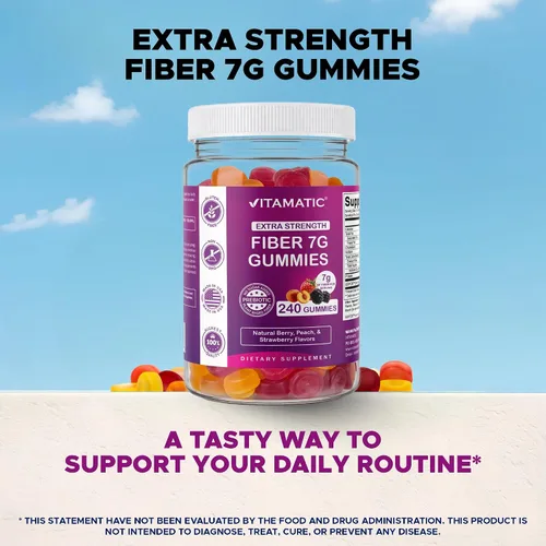 Vista 5 de Vitamatic Gomitas de fibra prebiótica para adultos, 7G de fuerza extra, sin azúcar añadida, 240 gomitas a base de pectina, apoyo para la salud