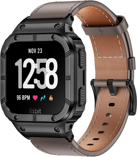 Vista 8 de BAITEYOU Leather Bands with Stainless Steel Case Compatible with Fitbit Versa 1 2 3 4 Lite Sense 2 1 Protective case for men