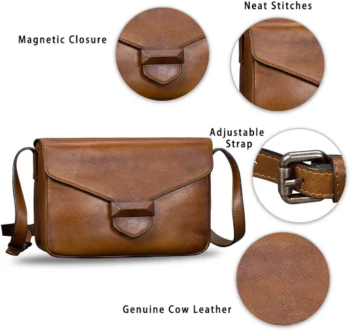 Vista 6 de Bolsos cruzados de cuero genuino para mujer hechos a mano bolsos vintage