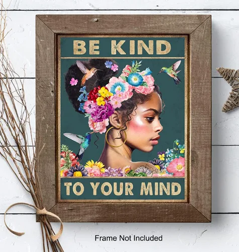 Vista 8 de Arte de pared de mujeres afroamericanas negras – Chica negra – Be Kind to Your Mind - Citas inspiradoras - Colibríes Salud mental Póster de arte