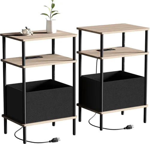 Vista 13 de Mesa auxiliar pequeña con estación de carga, mesa auxiliar para espacios pequeños, mesita de noche delgada con tomacorriente, sofá junto a la mesa