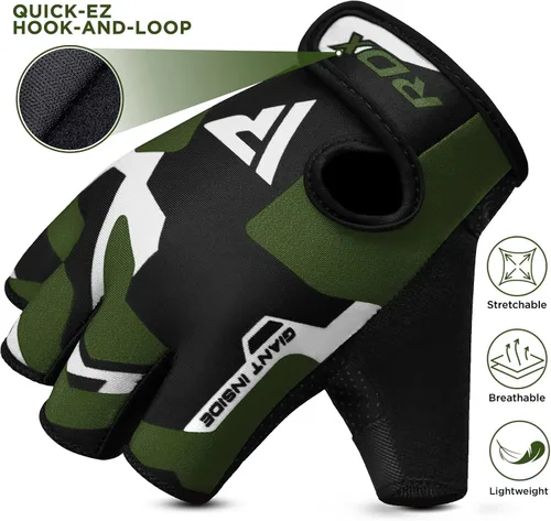 Vista 4 de RDX Guantes de levantamiento de pesas para gimnasio, entrenamiento de fitness, palma acolchada antideslizante, equipo de entrenamiento de fuerza