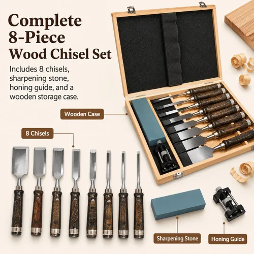 Vista 2 de SELFIE CAT Juego de cinceles de madera de 8 piezas, cinceles de carpintería HSS con estuche de madera, piedras de afilar y guía de afilado, mango