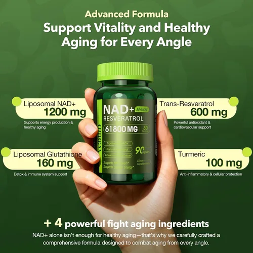 Vista 3 de Suplemento liposomal NAD con resveratrol 1200 mg por porción - NAD Resveratrol para mujeres y hombres - Suplemento NAD+ de alta pureza de 1200 mg