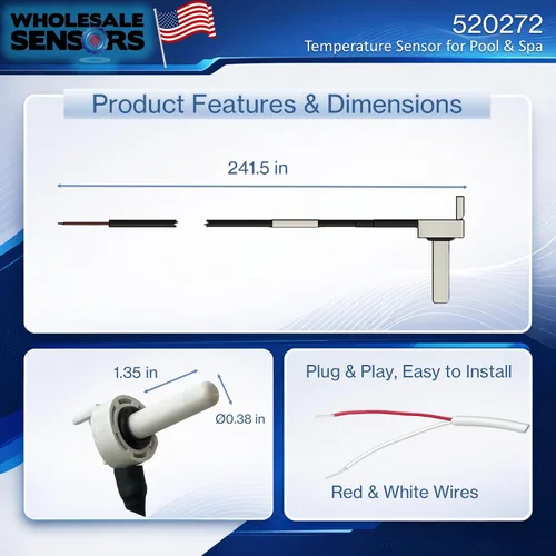 Vista 3 de Wholesale Sensors Repuesto para sensor de temperatura negro Pentair 520272, cable de 20 pies
