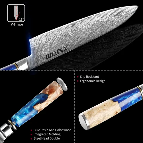 Vista 4 de XITUO VG10 Juego de cuchillos de chef japoneses de acero Damasco de 4 piezas, resina azul y mango de madera, cuchillo de chef de 8 pulgadas
