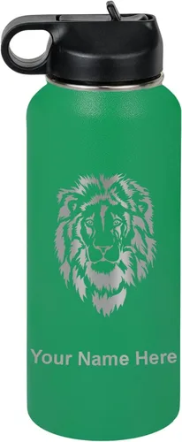 Vista 27 de LaserGram Botella de agua personalizada, cabeza de león, acero inoxidable de doble pared aislada al vacío con popote superior, regalo grabado