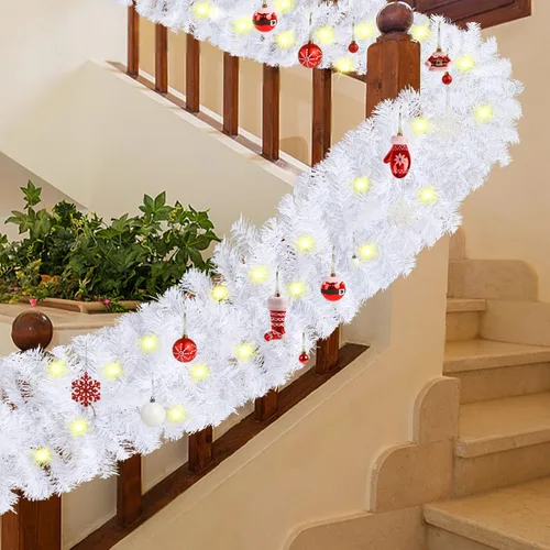 Vista 5 de CCINEE Guirnalda de Navidad artificial preiluminada de 9 pies, guirnalda de Navidad blanca a pilas con 50 luces LED cálidas, guirnalda de Navidad