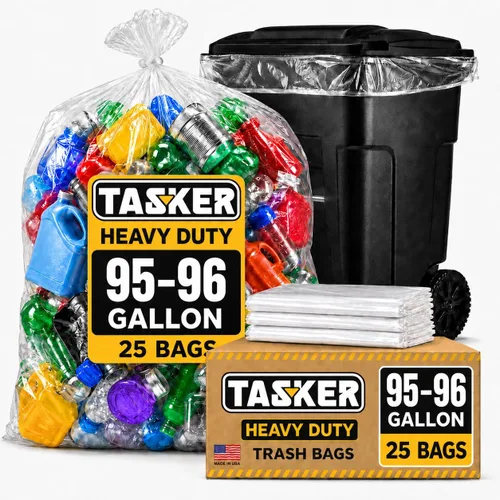 Vista 5 de Tasker Bolsas de basura transparentes de 95 a 100 galones resistentes 25 bolsas Bolsas de basura extragrandes de 96 galones para latas de basura