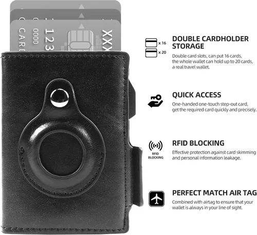 Vista 2 de Airtag Wallet Men Double Layers,RFID Smart Slim Leather Air Tag Wallet, High Capacity Pop Up Apple Airtag Wallet with Airtag Holder(Classic Black)