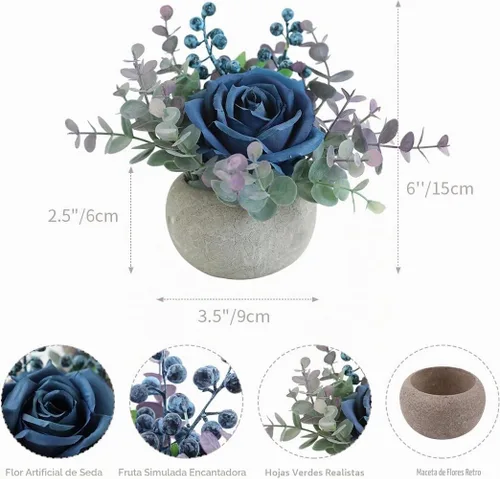 Vista 2 de Small Artificial Blue Rose Potted Plant, 2 Pcs Mini Faux Decor 2 piezas azules