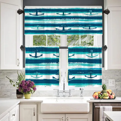 Vista 2 de Maritime Ocean Blackout Tier Curtains, Anchors Nautical Art Half Window Drapes for Kitchen with Rod Pocket,Room Darkening 2 Pack 26X24 Inches