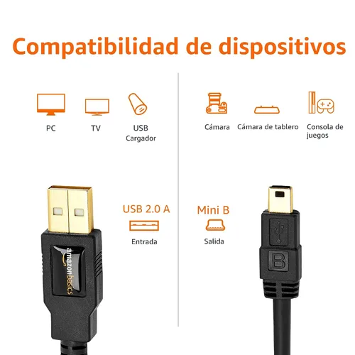 Vista 3 de Amazon Basics Cable USB-A a Mini USB 2.0, velocidad de transferencia de 480 Mbps con enchufes chapados en oro, 3 pies, negro