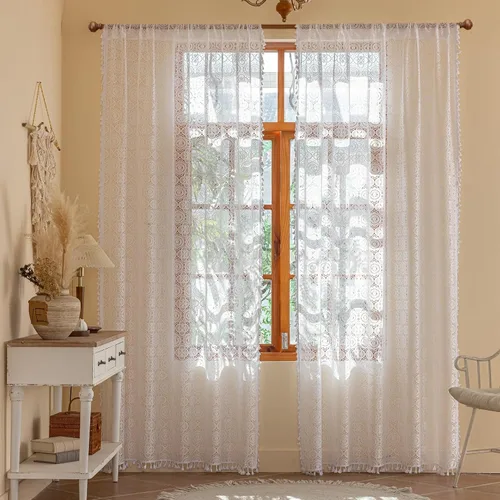Vista 38 de YJ YANJUN - Cortinas de café boho, 24 pulgadas de largo, 2 paneles, cada una de 59" de ancho x 24" de largo, beige, con crochet, cortinas de cocina