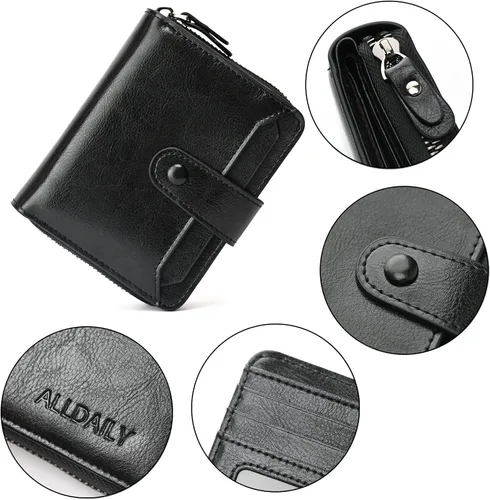 Vista 6 de Billetera pequeña para mujer con bloqueo RFID, cierre de cuero, bolsillo para monedas, tarjetero, con ventana de identificación, Negro